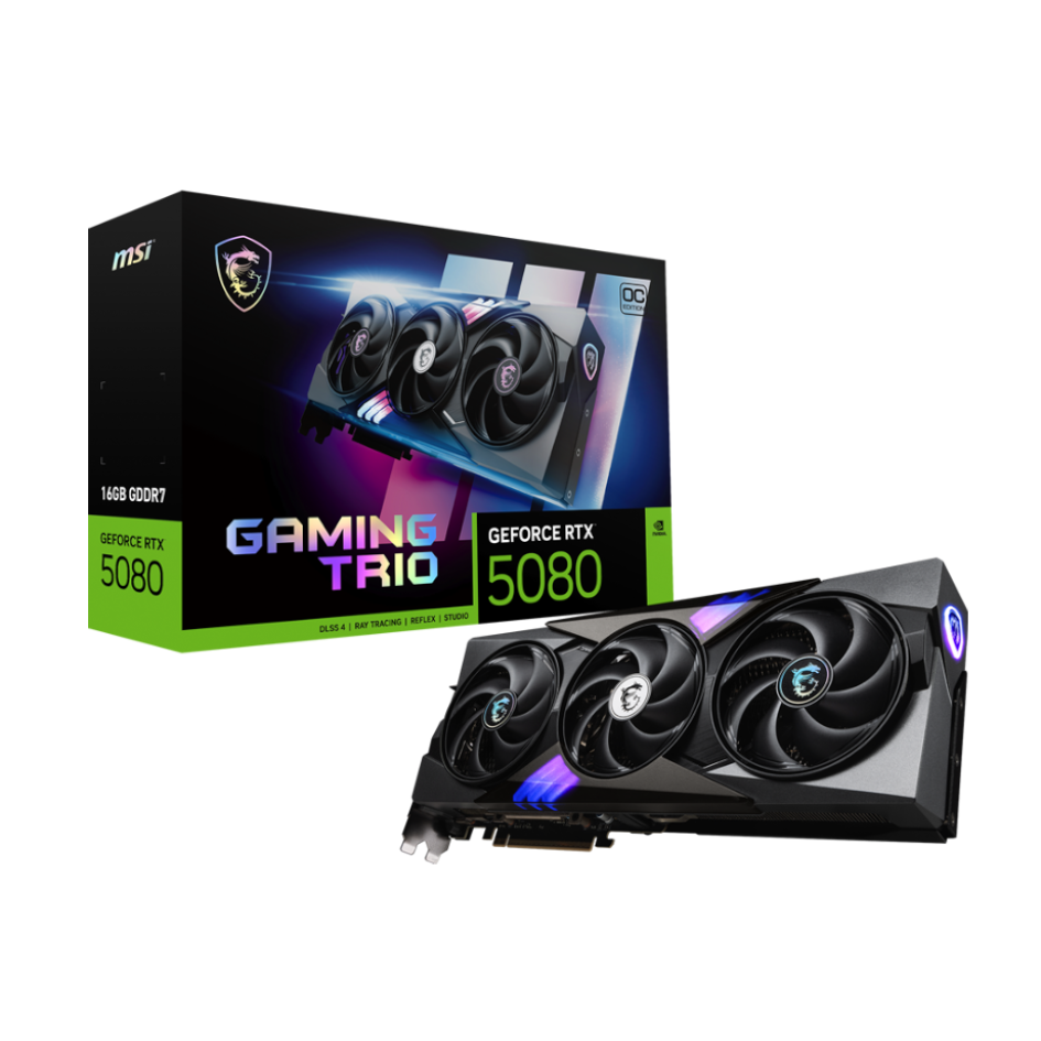 一剑装机-微星 魔龙 RTX5080 16G GAMING TRIO OC 显卡微星 魔龙 RTX5080 16G GAMING TRIO OC 显卡  核心频率：2715  风扇数量： 三风扇

